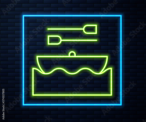 Glowing neon line Boat with oars icon isolated on brick wall background. Water sports, extreme sports, holiday, vacation, team building. Vector.