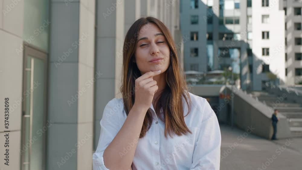Smart thoughtful beautiful woman with brown hair in white shirt pondering and being inspired by sudden solution, surprised by genius idea in mind, got answer. business center background 4k Smart thoughtful beautiful woman with brown hair in white shirt pondering and being inspired by sudden solution, surprised by genius idea in mind, got answer. business center background 4k