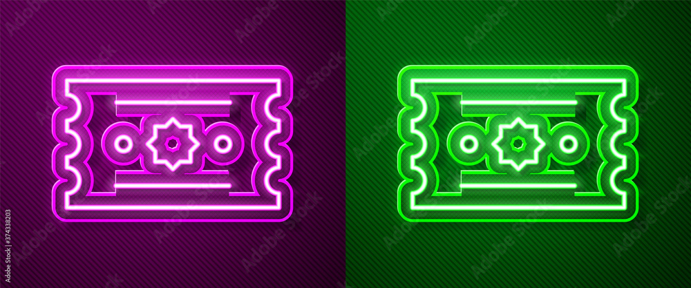 Glowing neon line Ticket icon isolated on purple and green background. Amusement park. Vector.
