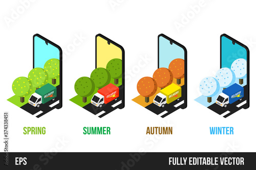 set of isolated truck delivery shipping on summer, spring, autumn or fall and winter seasons. isometric seasonal illustration