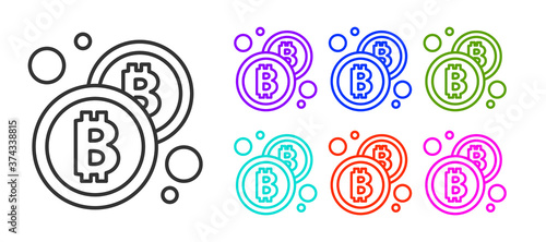 Black line Cryptocurrency coin Bitcoin icon isolated on white background. Physical bit coin. Blockchain based secure crypto currency. Set icons colorful. Vector.