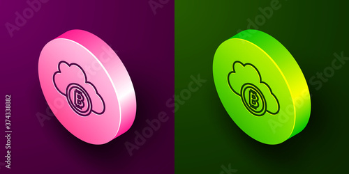 Isometric line Cryptocurrency cloud mining icon isolated on purple and green background. Blockchain technology, bitcoin, digital money market, cryptocoin wallet. Circle button. Vector.