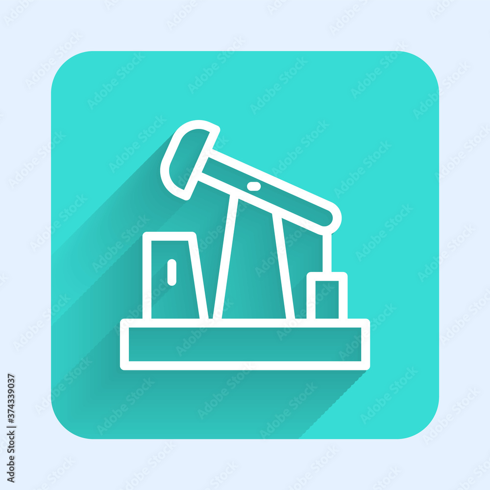 White line Oil pump or pump jack icon isolated with long shadow. Oil rig. Green square button. Vector. White line Oil pump or pump jack icon isolated with long shadow. Oil rig. Green square button. Vector.