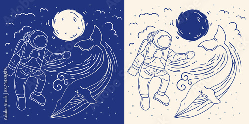 astronaut with whale mono line illustration.