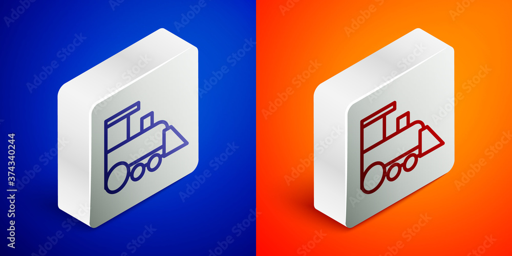 Isometric line Toy train icon isolated on blue and orange background. Silver square button. Vector. Isometric line Toy train icon isolated on blue and orange background. Silver square button. Vector.
