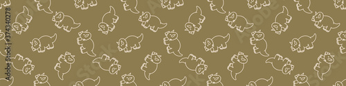 Seamless background cute triceratops dinosaur gender neutral baby border pattern. Simple whimsical minimal earthy 2 tone color. Kids nursery decor edging fashion ribbon trim.