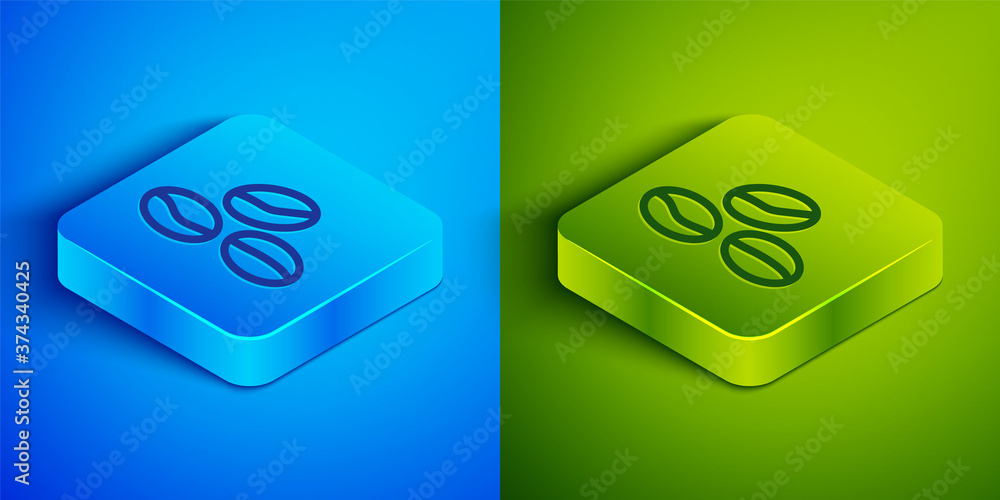 Isometric line Coffee beans icon isolated on blue and green background. Square button. Vector. Isometric line Coffee beans icon isolated on blue and green background. Square button. Vector.