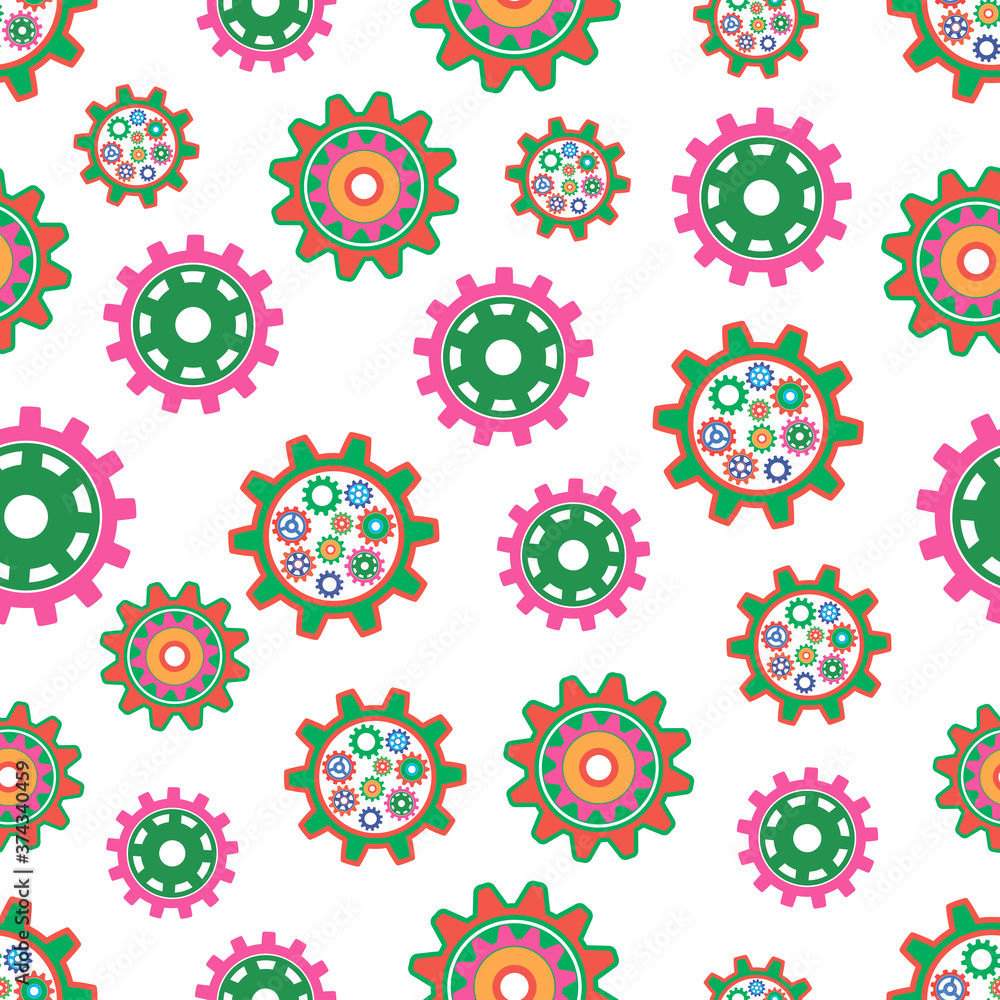 Seamless pattern with collection of colored gears. Seamless pattern with collection of colored gears.