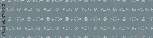 Seamless background cute Mosasaurus dinosaur and fossil gender neutral baby border pattern. Simple whimsical minimal earthy 2 tone color. Kids nursery decor edging fashion ribbon trim.