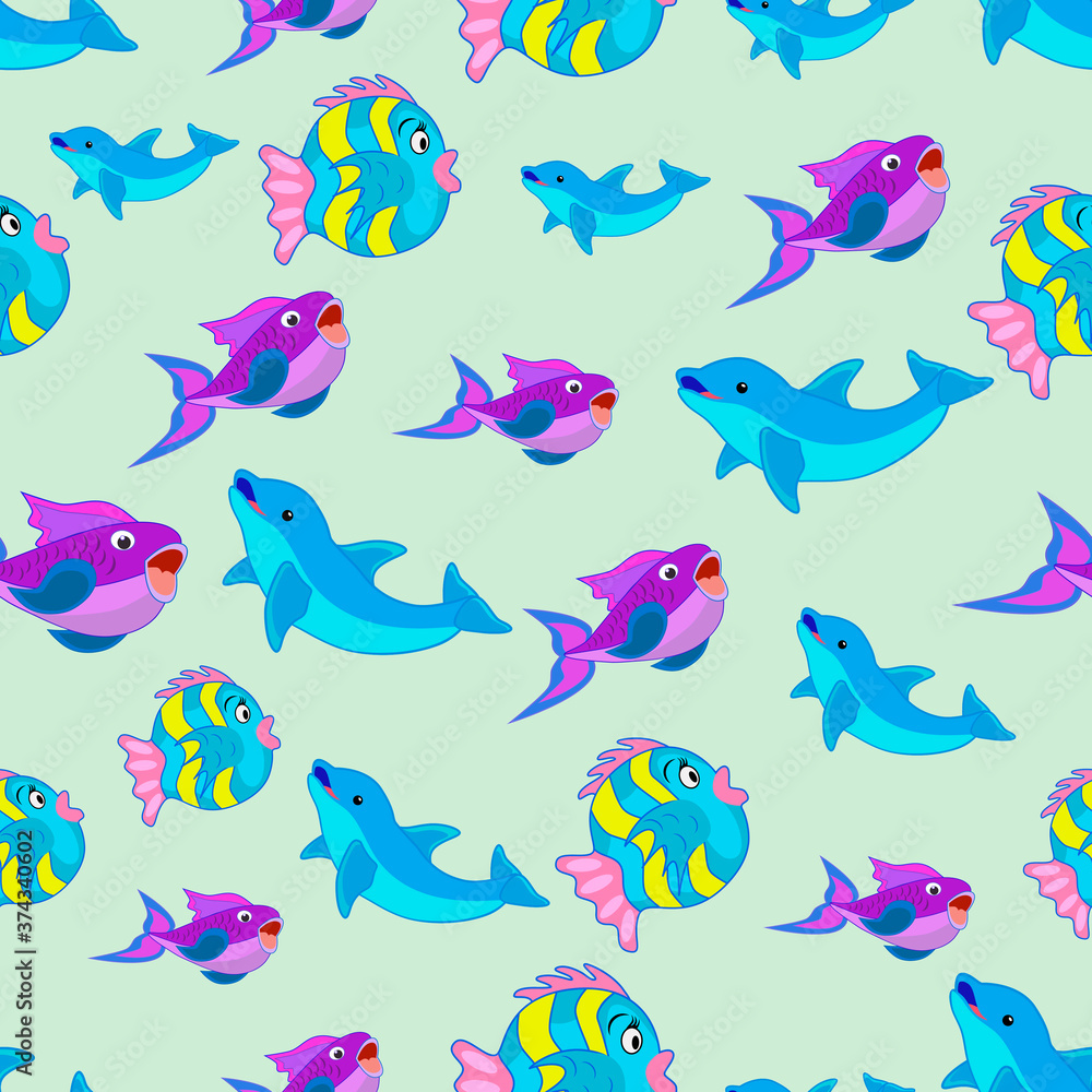 Fototapeta premium Seamless pattern of cartoon dolphins and fish. Illustration on a marine theme.