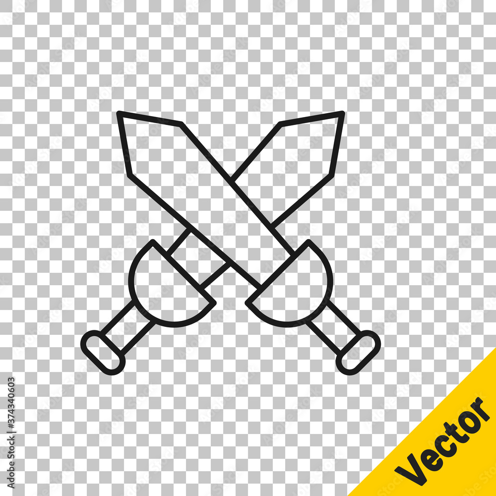 Black line Crossed medieval sword icon isolated on transparent background. Medieval weapon. Vector. Black line Crossed medieval sword icon isolated on transparent background. Medieval weapon. Vector.