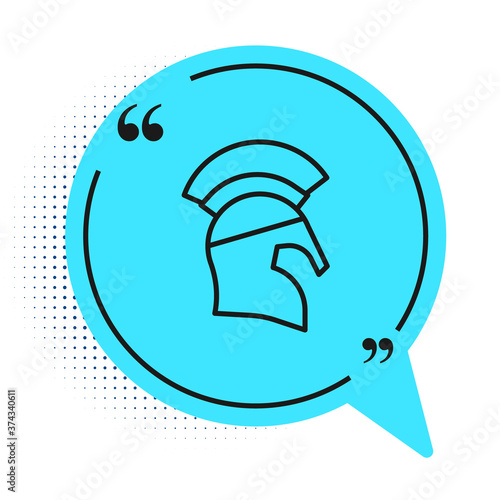 Black line Greek helmet icon isolated on white background. Antiques helmet for head protection soldiers with a crest of feathers or horsehair. Blue speech bubble symbol. Vector.