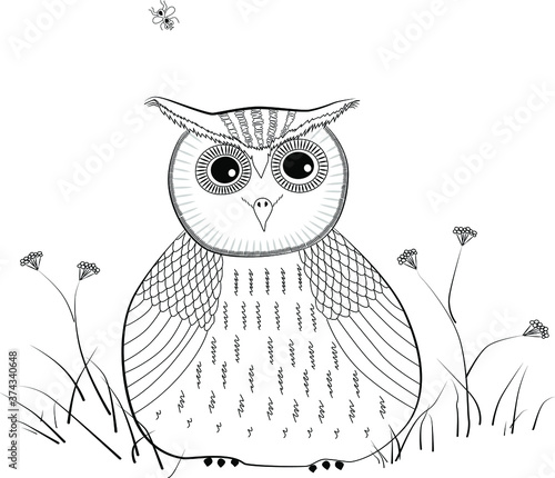 Little owl, painted in bright colors. Bird family owl. Figure funny birds. Coloring for painting.