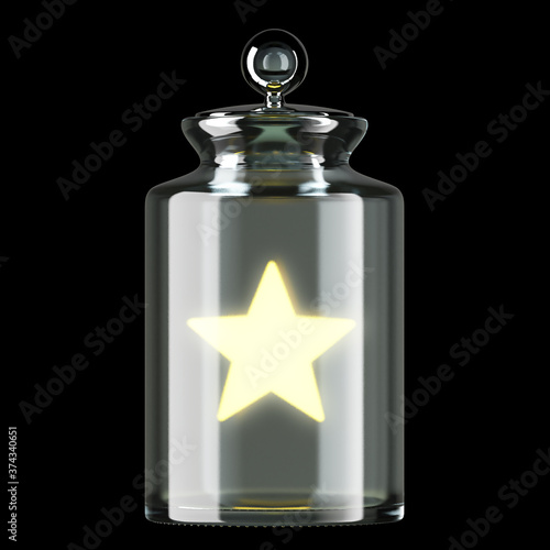 Glass transparent jar with a gold star on a black background. 3D rendering