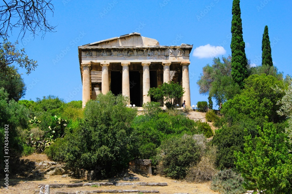 Greece, Athens, July 27 2020 - The Temple of Hephaestus or Hephaisteion at the Ancient Agora archaeological site.
