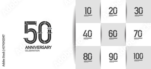 Anniversary logotype set with black color and ribbon. vector design for celebration purpose, greeting, invitation card	
