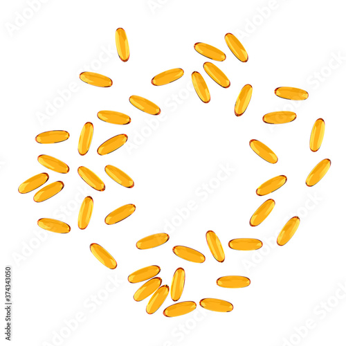 Translucent gelatin capsules with fish oil scattered on a white background. 3D rendering
