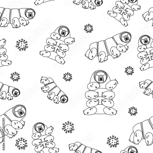 White with black border happy Tardigrade, water bears or moss piglets vector repeat seamless pattern on white background