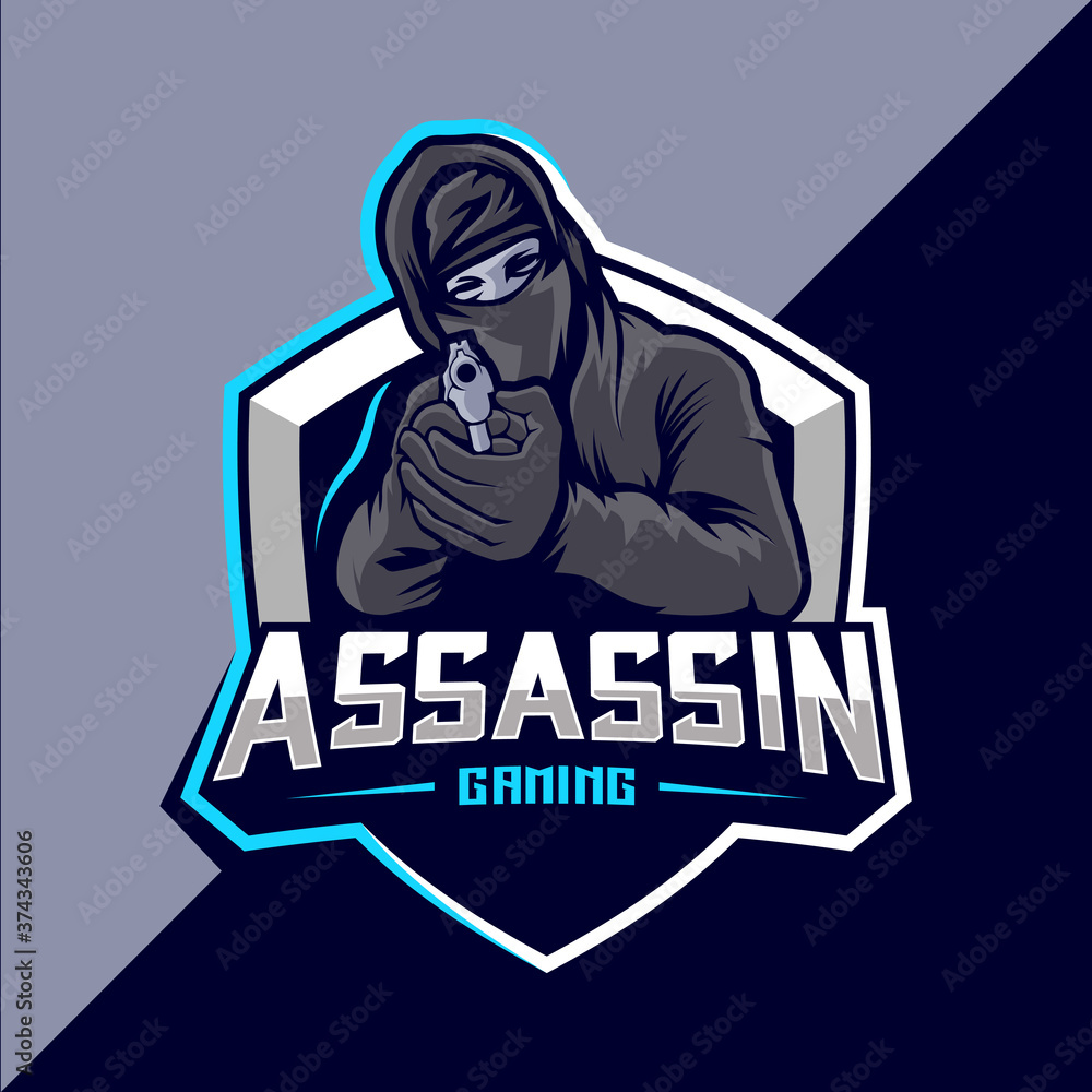 Assassin with gun mascot esport logo design