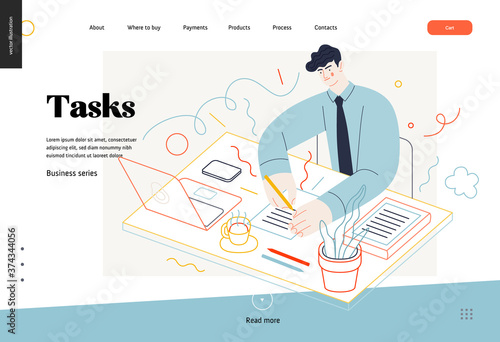 Business topics -tasks, web template, header. Flat style modern outlined vector concept illustration. Young man wearing a tie sitting at the office desk filling in the list of tasks. Business metaphor