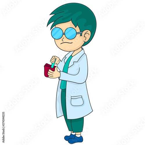 a boy in a doctor's clothes is researching