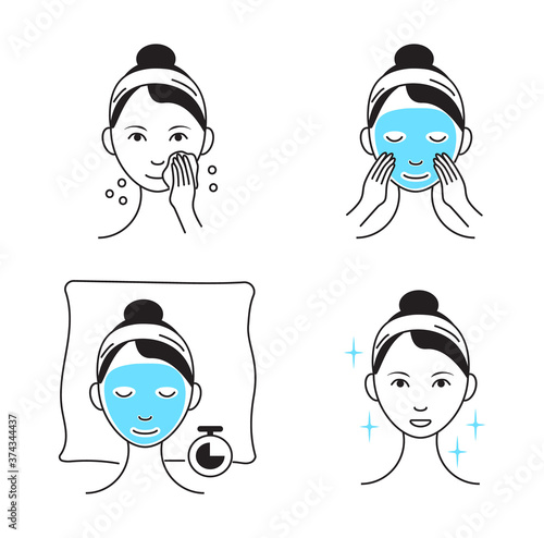 Facial mask sheet applying vector. Girl shows steps how to cleaning, whiting face and use cosmetic mask. Info-graphic in outline style illustration isolated