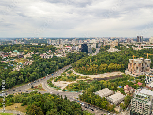 Aerial drone view of Kiev cityscape.
