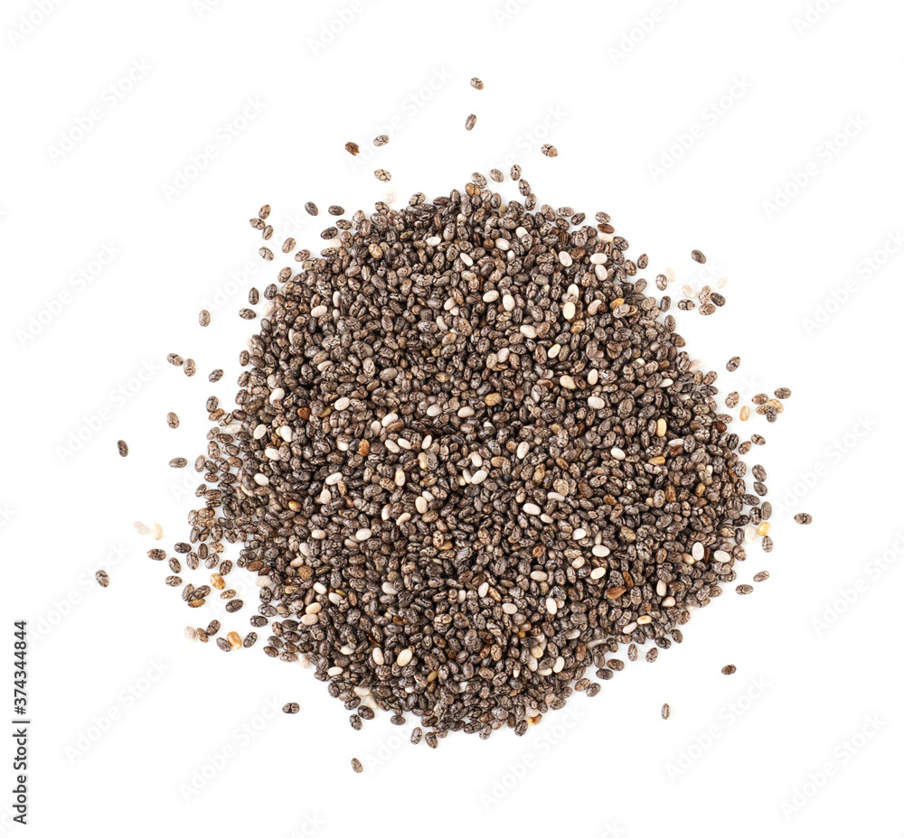 Chia seeds isolated on a white background, top view Chia seeds isolated on a white background, top view