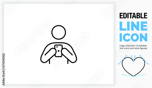 Editable line icon of a stick figure on his phone
