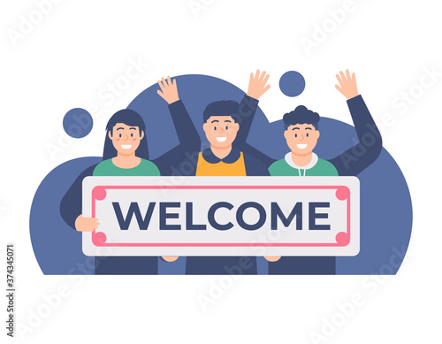 the concept of welcoming new team members or celebrating new employees. Illustration of a team holding a welcome board. flat design. can be used for elements, landing pages, UI, websites.