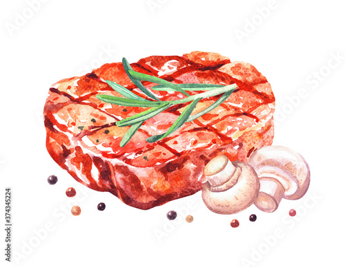 Grilled beef steak and vegetables. Watercolor hand drawn illustration, isolated on white background