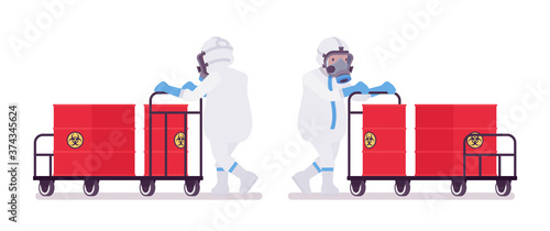 Man in disposable coverall pushing trolley with biohazard waste barrel. Worker in a white personal protective hooded apparel with respirator mask, suit Level C. Vector flat style cartoon illustration