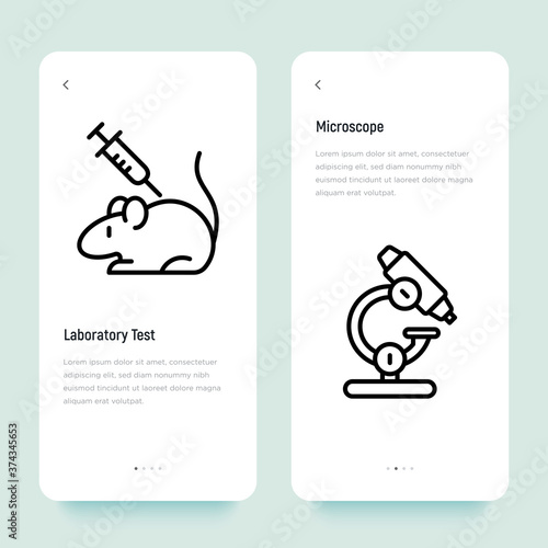 Laboratory test thin line icon. Animal testing: syringe and rat. Microscope. Medical experiment. Vector illustration.