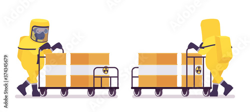 Man in hazmat protective clothing pushing trolley with radioactive barrel. Worker in level A suit, coverall, chemical resistant gloves, breathing apparatus. Vector flat style cartoon illustration