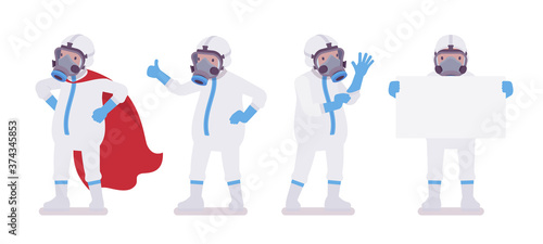Man in disposable coverall, red cloak, holding white banner. Worker in a white personal protective hooded apparel with respirator mask, suit Level C. Vector flat style cartoon illustration
