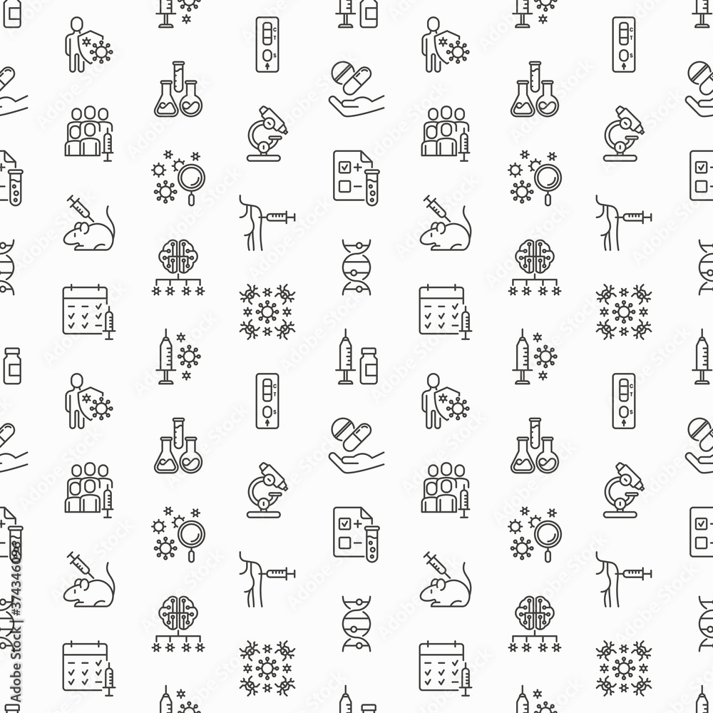 Vaccine seamless pattern with thin line icons: syringe and ampoule, laboratory test, immune system, injection in forearm, covid-19 test, vaccine trials, timetable, ai. Vector illustration.