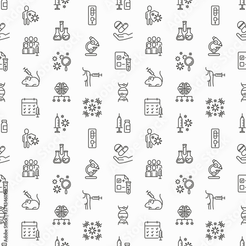 Vaccine seamless pattern with thin line icons: syringe and ampoule, laboratory test, immune system, injection in forearm, covid-19 test, vaccine trials, timetable, ai. Vector illustration.