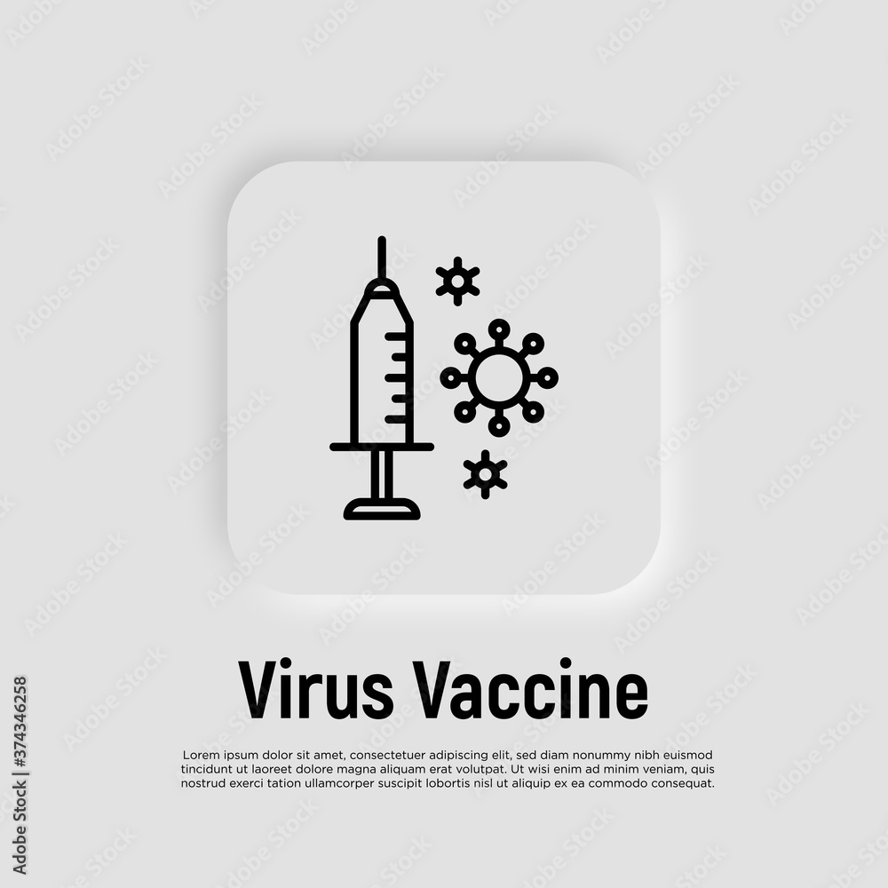 Vaccine thin line icon. Syringe and virus. Medical treatment. Vector illustration.