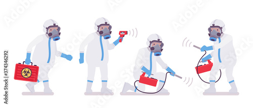 Man wearing disposable coverall, holding geiger counter, thermometer, box. Worker in a personal protective hooded apparel with respirator mask, suit Level C. Vector flat style cartoon illustration