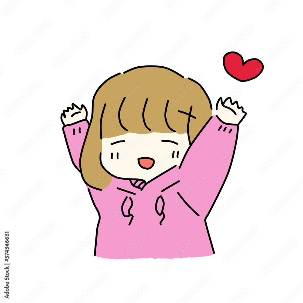 Very happy girl running triumphantly raising his hand up. cartoon character on a white background. Blond girl in blue dress. Happy childhood. Children's joy. Very happy girl running triumphantly raising his hand up. cartoon character on a white background. Blond girl in blue dress. Happy childhood. Children's joy.