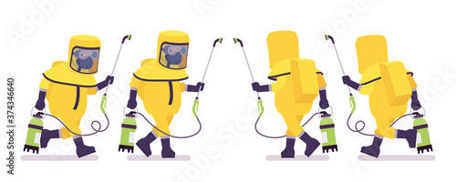 Man wearing yellow hazmat protective clothing running with manual pump sprayer. Worker in level A suit, coverall, chemical resistant gloves, breathing apparatus. Vector flat style cartoon illustration