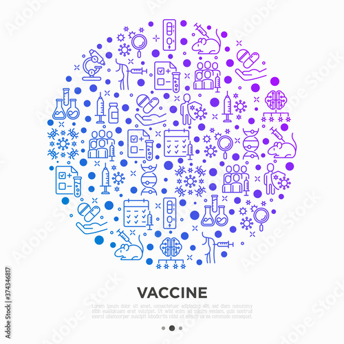 Vaccine concept in circle with thin line icons: syringe and ampoule, laboratory test, immune system, injection in forearm, covid-19 test, vaccine trials, timetable, ai. Vector illustration.