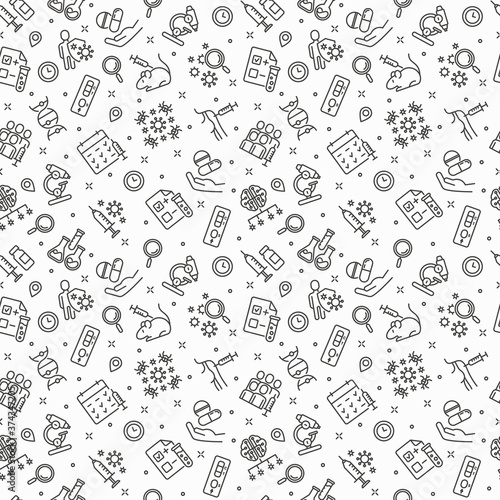 Vaccine seamless pattern with thin line icons: syringe and ampoule, laboratory test, immune system, injection in forearm, covid-19 test, vaccine trials, timetable. Vector illustration.