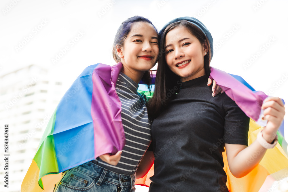 Lgbt Portrait Of Lesbian Couple Asian Women Using Lips Kissing Under