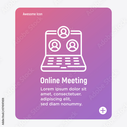 Online meeting thin line icon. Video call on laptop. Webinar, online conference, distant learning. Vector illustration.