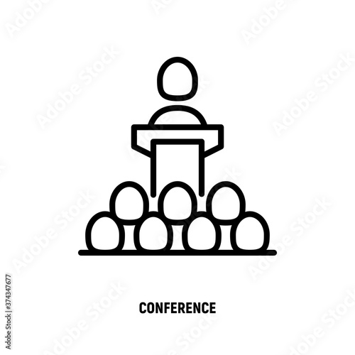 Speaker, leader, president thin line icon. Conference: man at tribune. Politician or candidate at debate. Vector illustration.