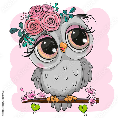 Cartoon Owl with flowers is sitting on a branch