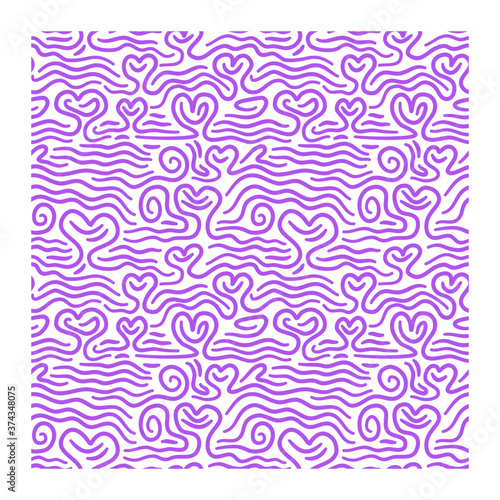 Seamless pattern of lines of scrawl and waves with hearts.