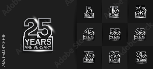 Anniversary logotype set with silver color on black background. vector design for celebration purpose, greeting, invitation card and special event
