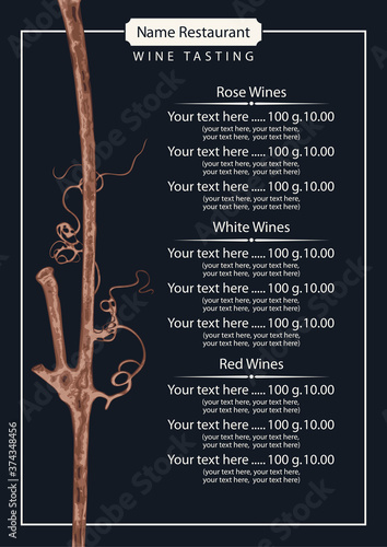 Wine list or testing for a restaurant or cafe. Vector illustration with a dry vine branch and a price list in retro style on an old paper background